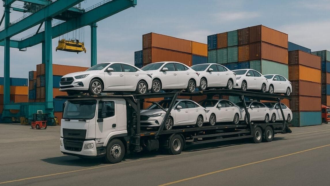 Car carrier truck loaded with vehicles at a container port
